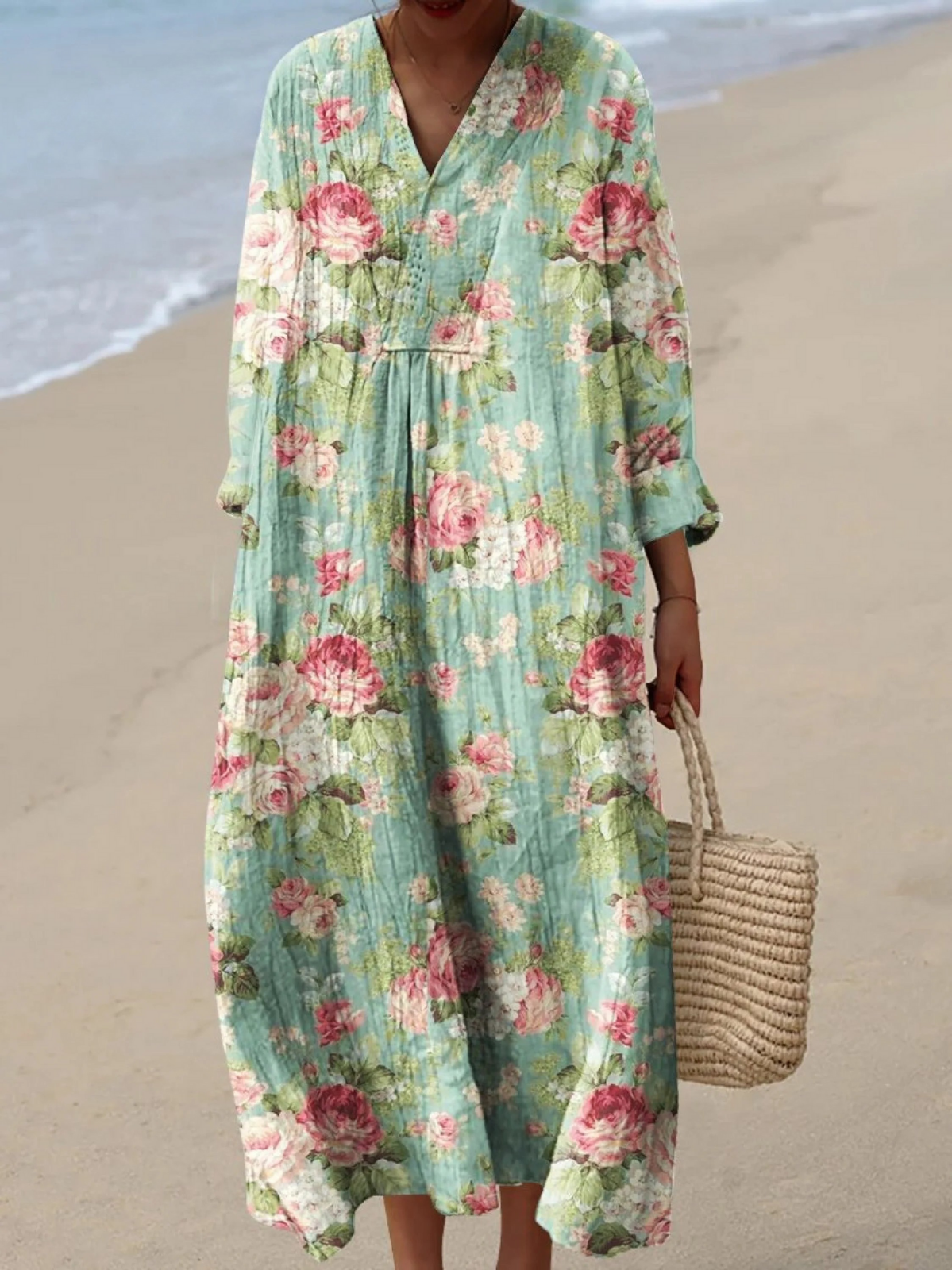 Leila | Robe longue bohème, imprimé rose vintage