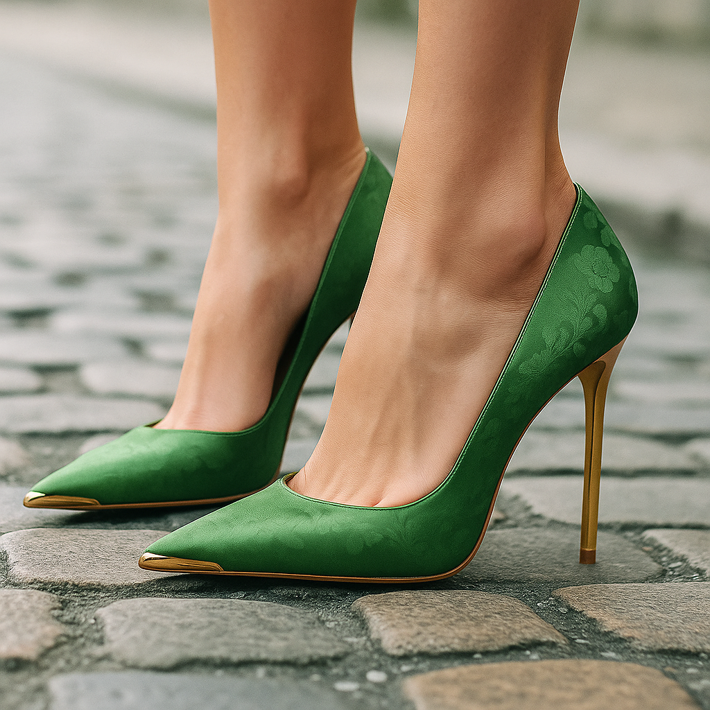 Vert Éclat™ – Talons en Satin à Bout Doré