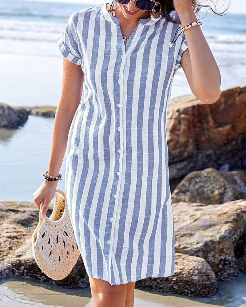 Robe Chemise Rayée En Coton Lin Élégante