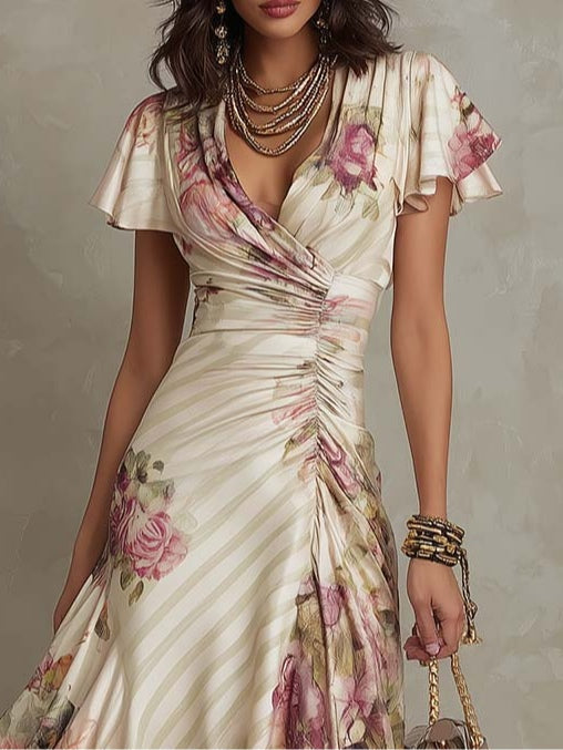 Irene | Robe Midi en Satin Floral Élégante Rétro