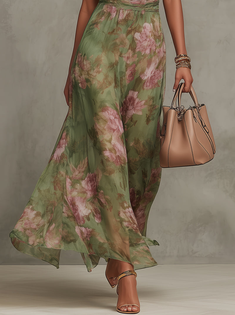 Bianca | Robe Longue Fleurie Col Halter Vert