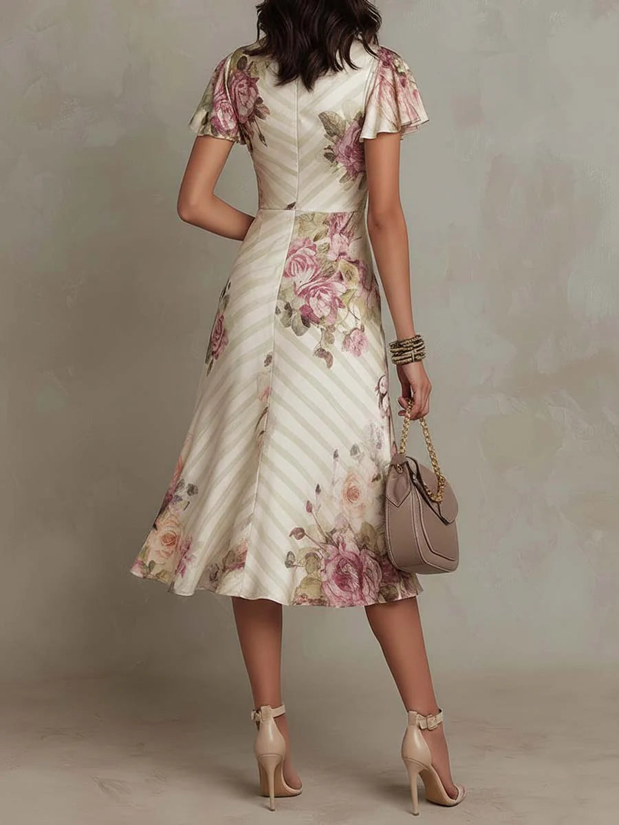 Irene | Robe Midi en Satin Floral Élégante Rétro