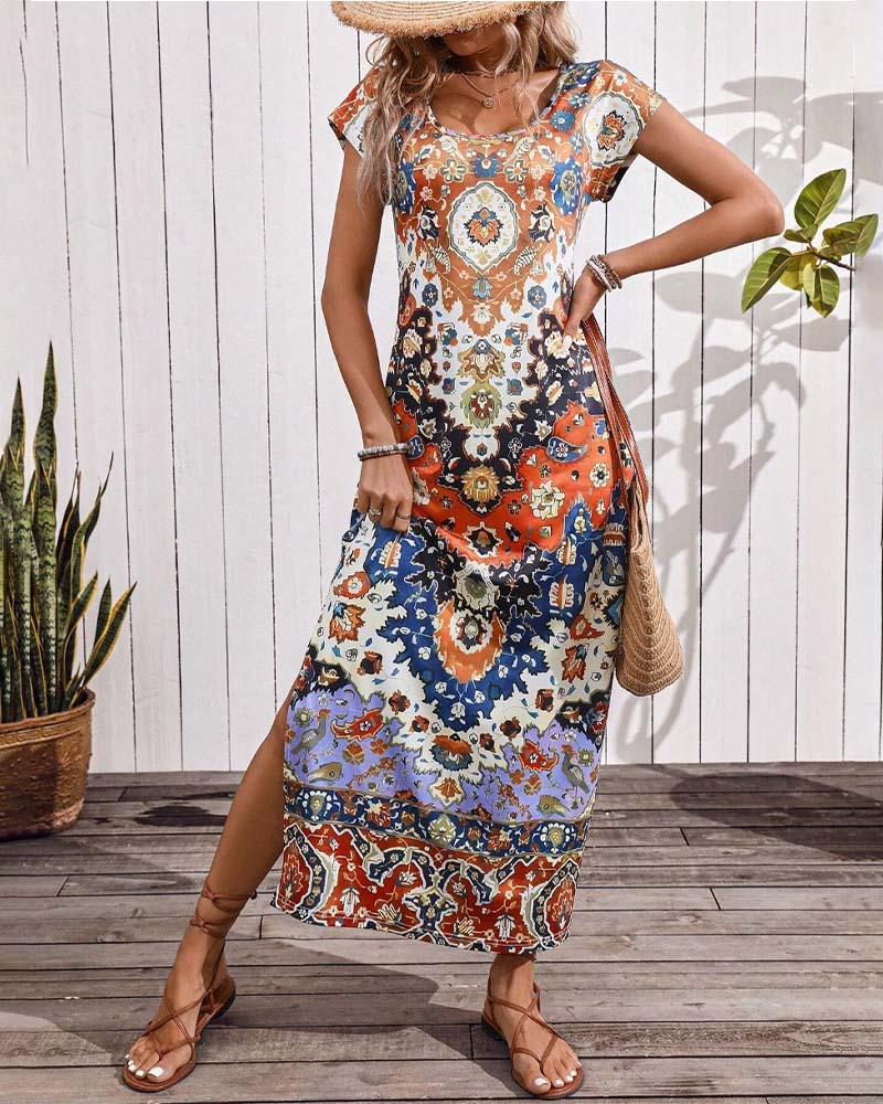Robe longue d'été imprimée à fentes