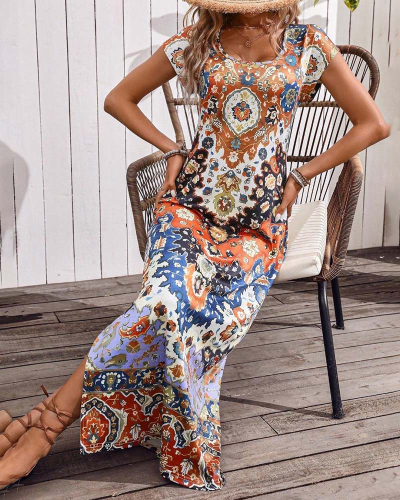 Robe longue d'été imprimée à fentes