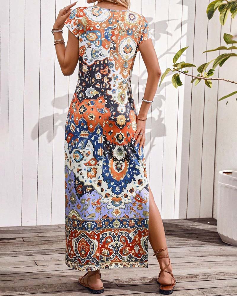 Robe longue d'été imprimée à fentes