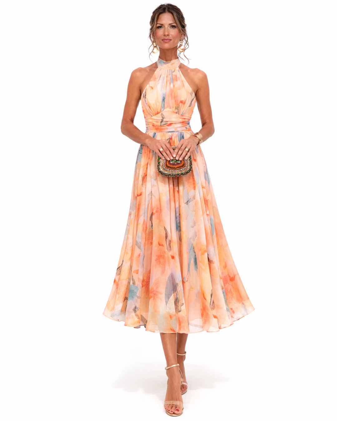 Celine | Robe fluide à encolure dos nu et motif aquarelle