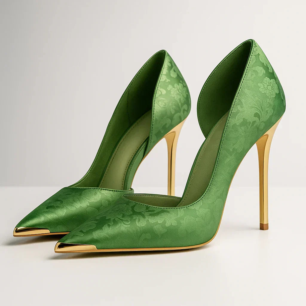 Vert Éclat™ – Talons en Satin à Bout Doré