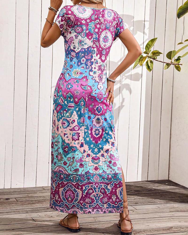 Robe longue d'été imprimée à fentes