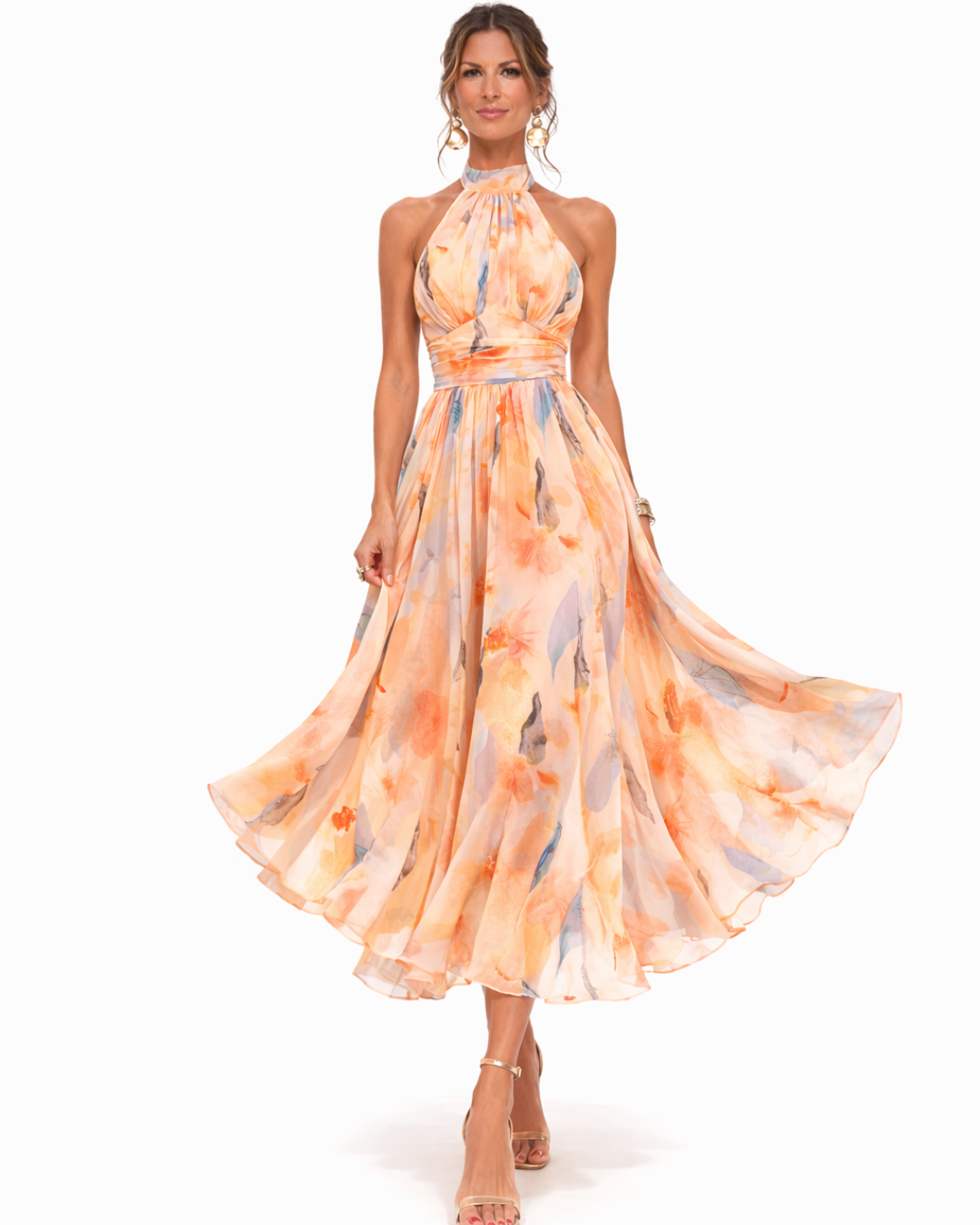 Celine | Robe fluide à encolure dos nu et motif aquarelle