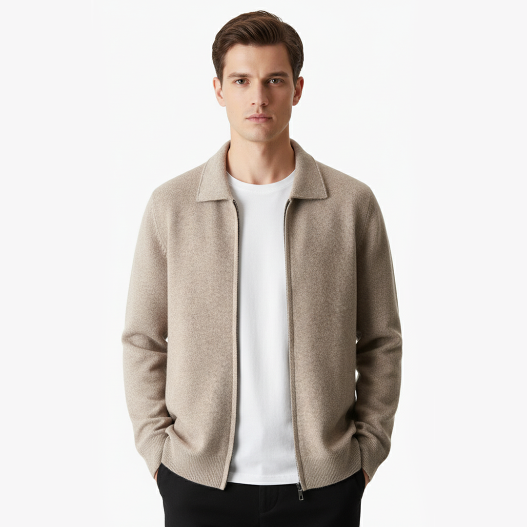 Cardigan zippé col polo en laine mérinos extrafine