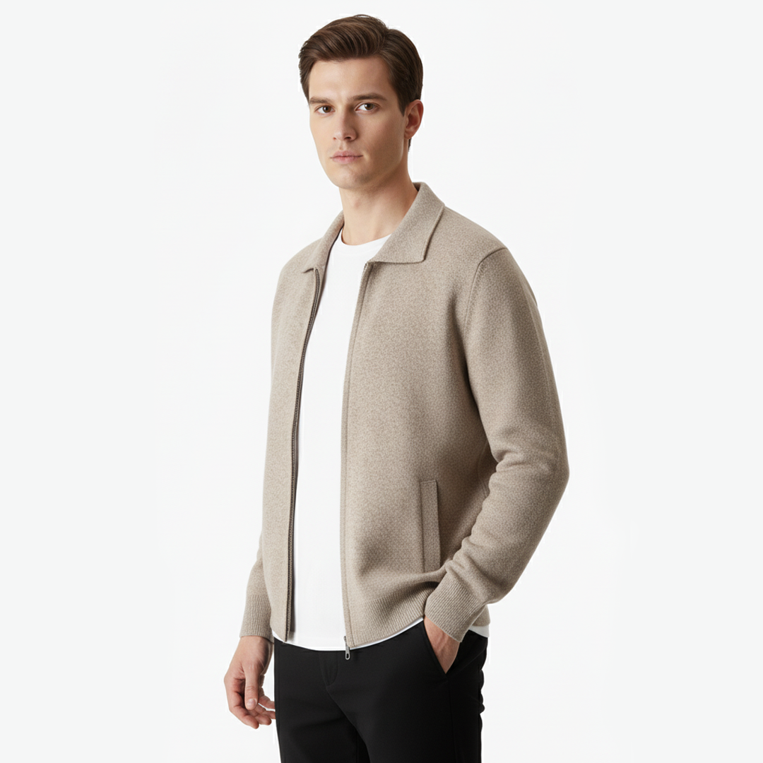 Cardigan zippé col polo en laine mérinos extrafine