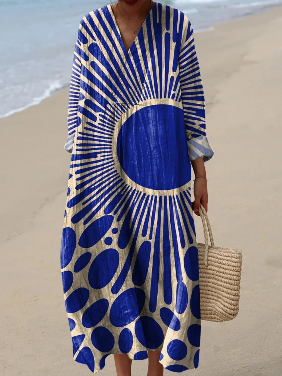 Nora | Robe longue bohème imprimé soleil bleu cobalt