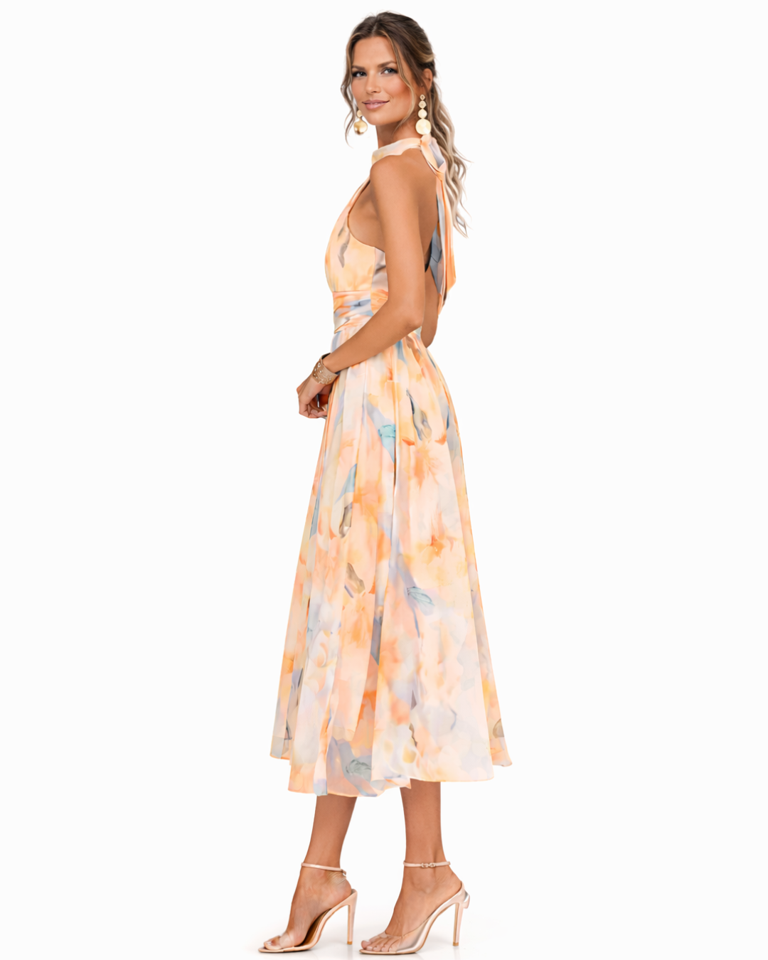 Celine | Robe fluide à encolure dos nu et motif aquarelle