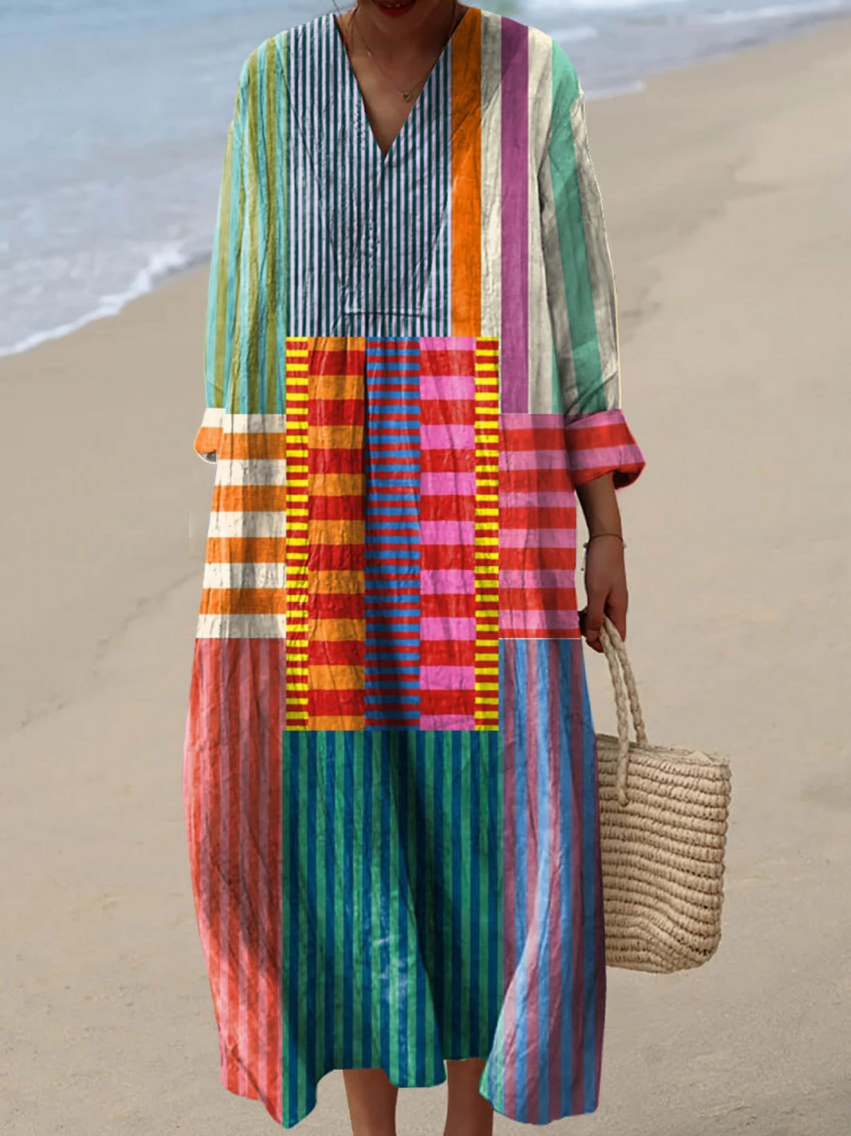 Harper | Robe longue bohème patchwork rayée