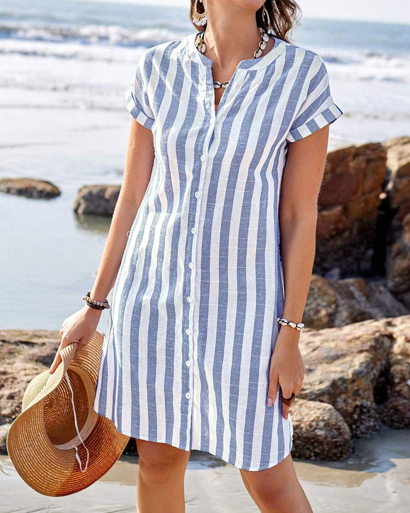 Robe Chemise Rayée En Coton Lin Élégante