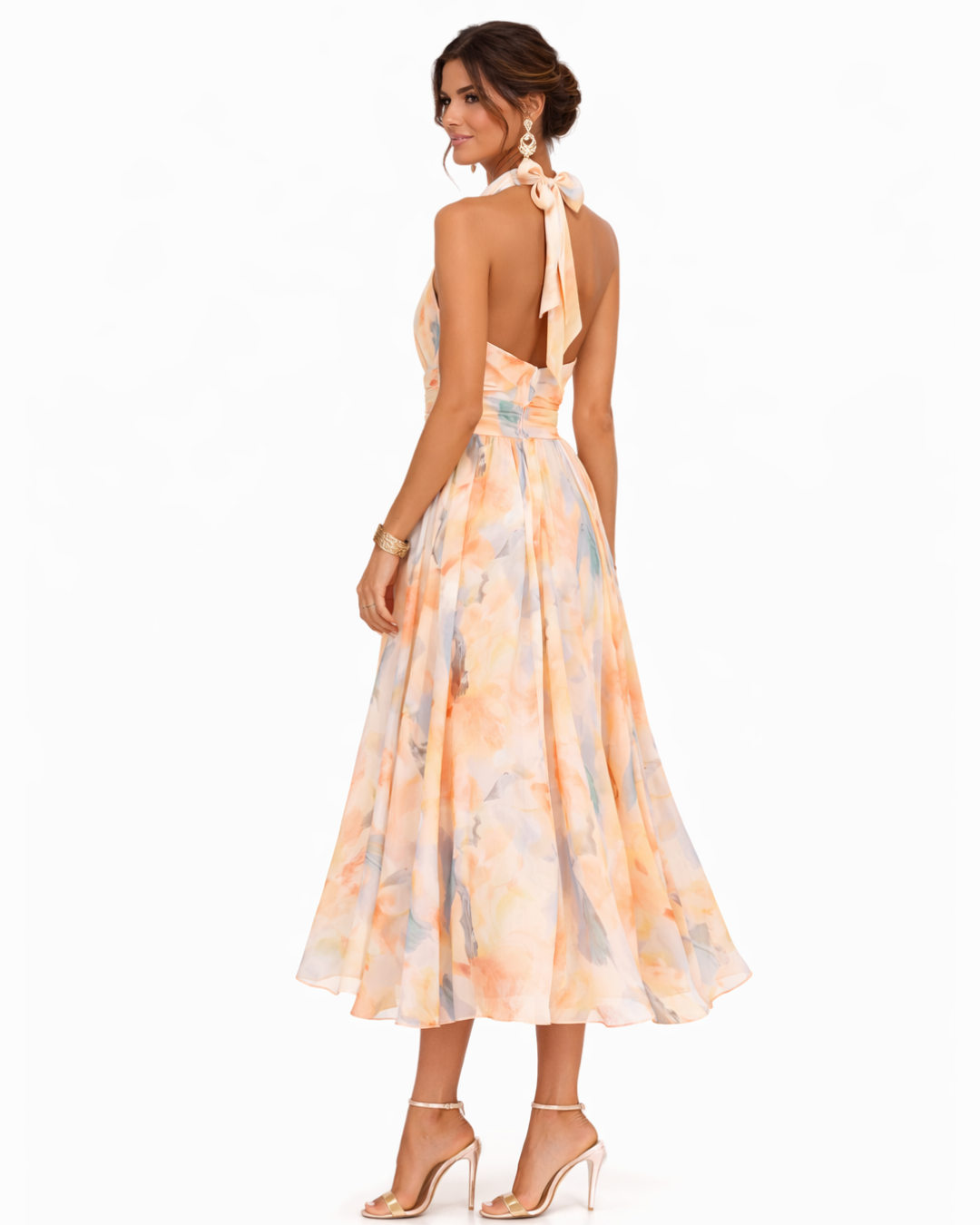 Celine | Robe fluide à encolure dos nu et motif aquarelle