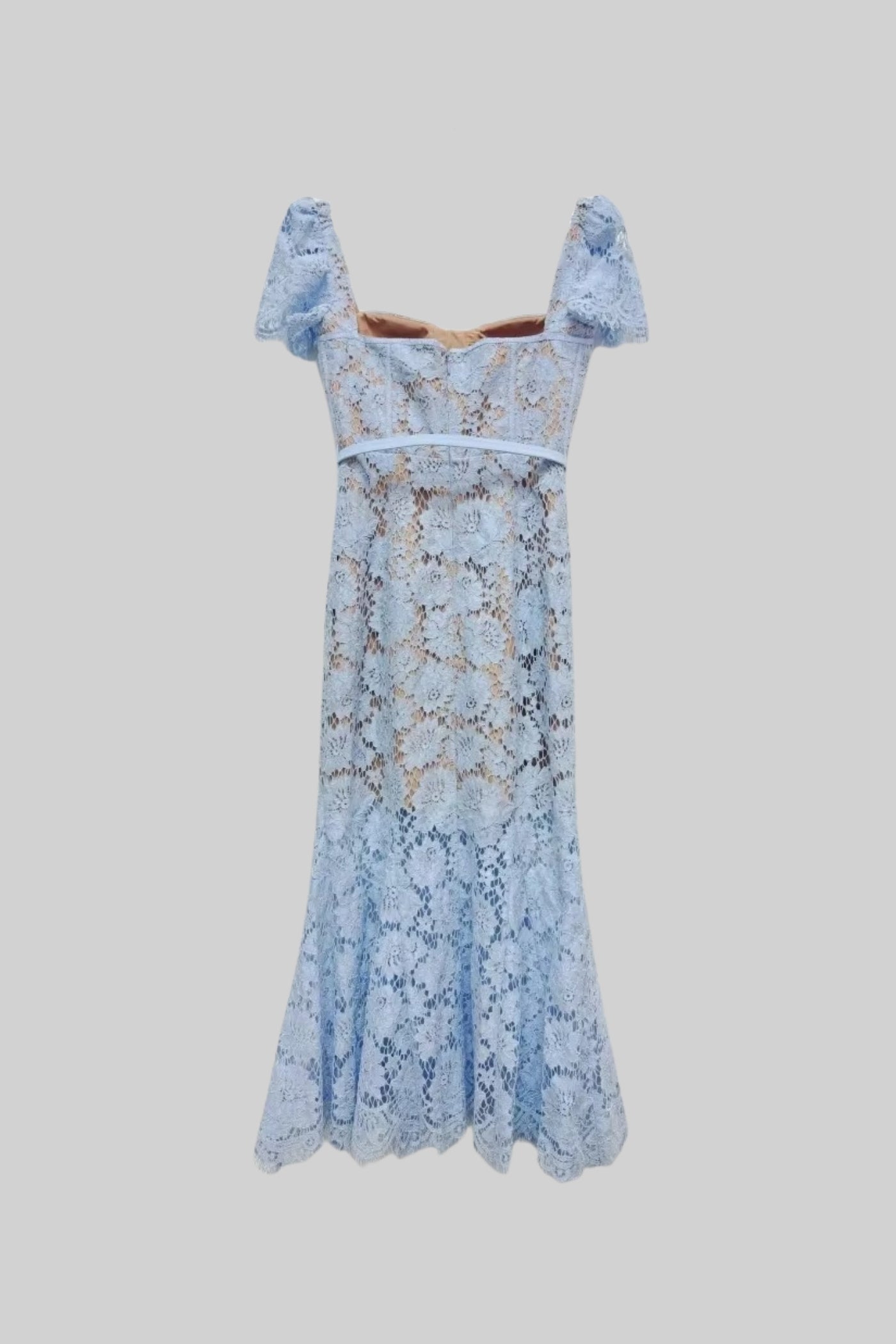 Paulina | Robe en Dentelle Bleue Élégante avec Manches Courtes et Ceinture Assortie