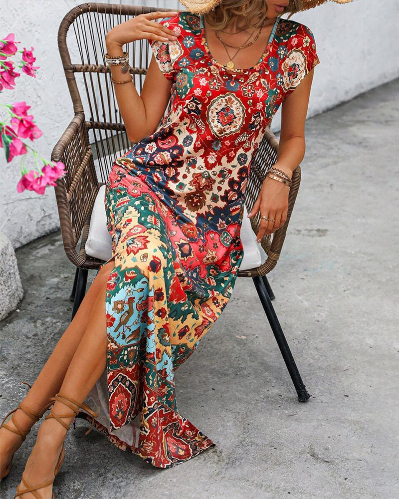 Robe longue d'été imprimée à fentes