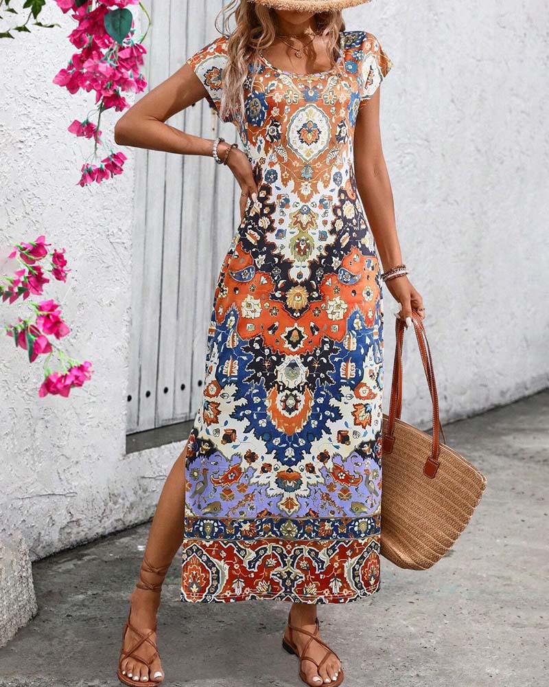 Robe longue d'été imprimée à fentes