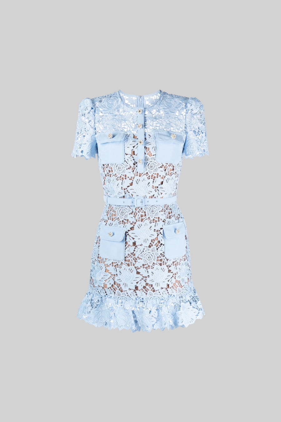 Yasmina | Robe Courte Florale Brodé Bleu à Manches Courtes