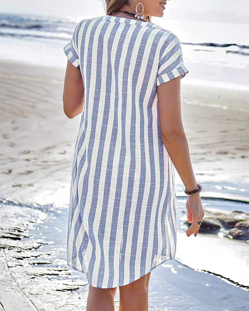 Robe Chemise Rayée En Coton Lin Élégante