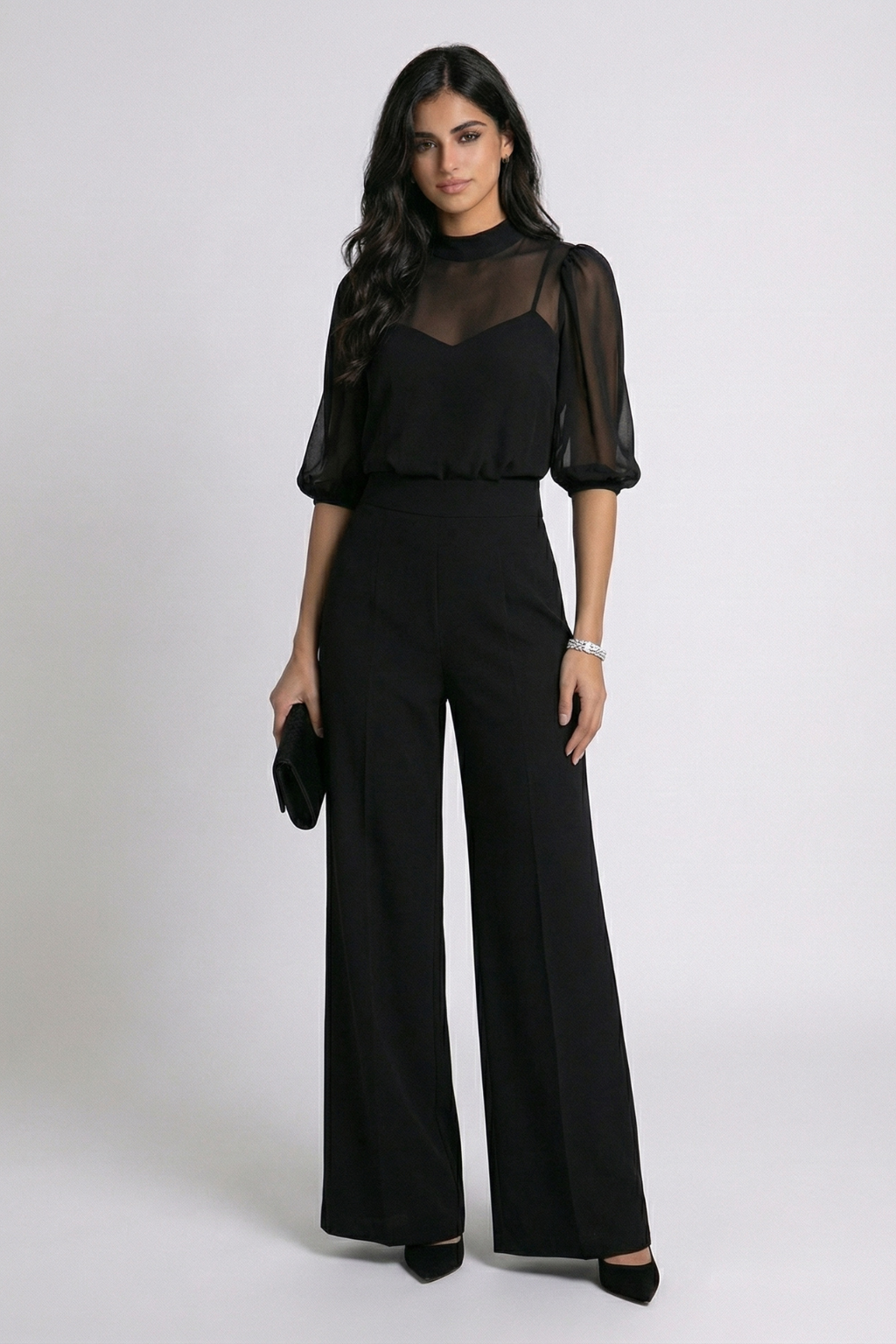 Valentina | Ensemble noir trois pièces avec top transparent et pantalon large