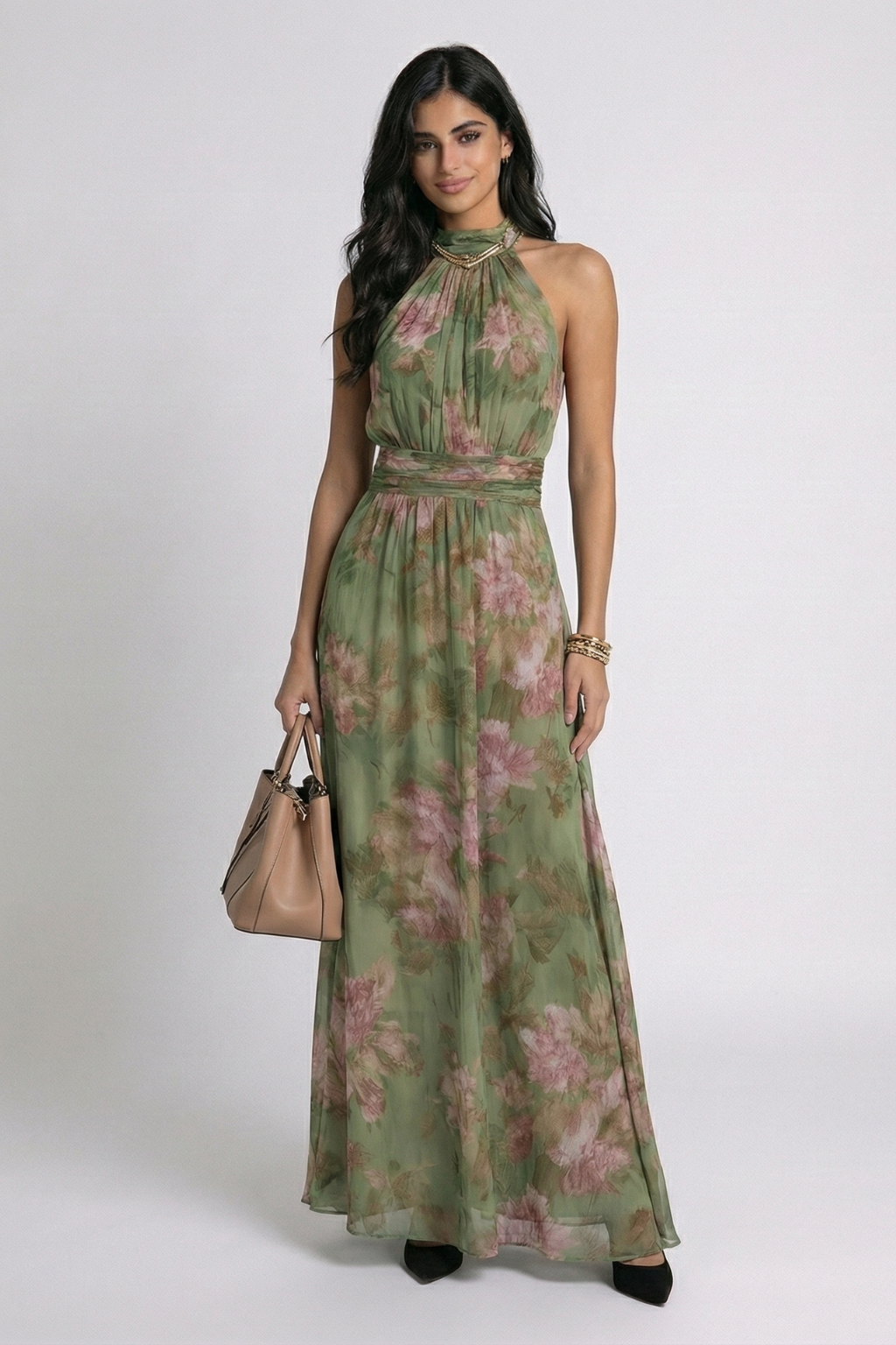 Bianca | Robe Longue Fleurie Col Halter Vert