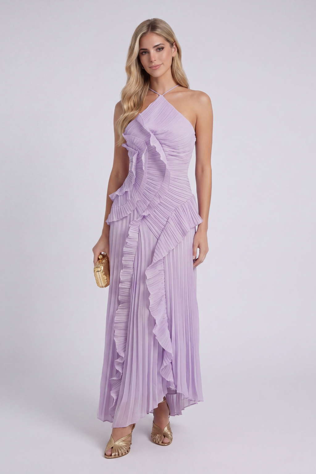 Nina | Robe midi lavande plissée à col montant