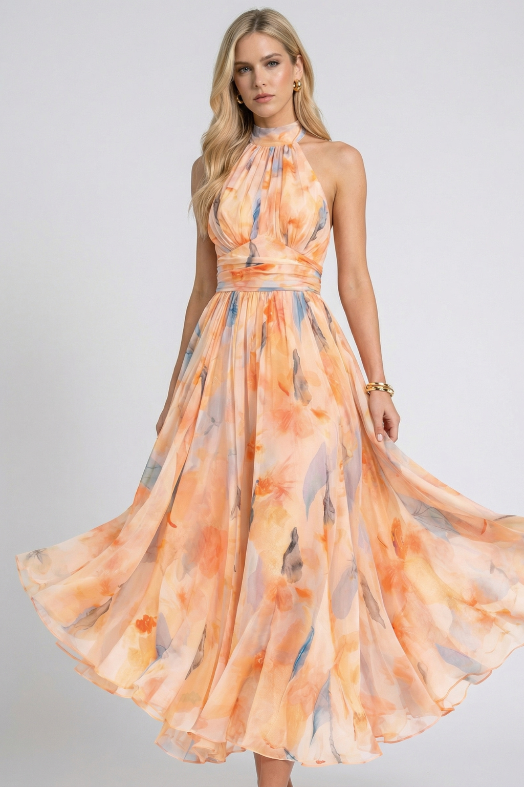 Celine | Robe fluide à encolure dos nu et motif aquarelle
