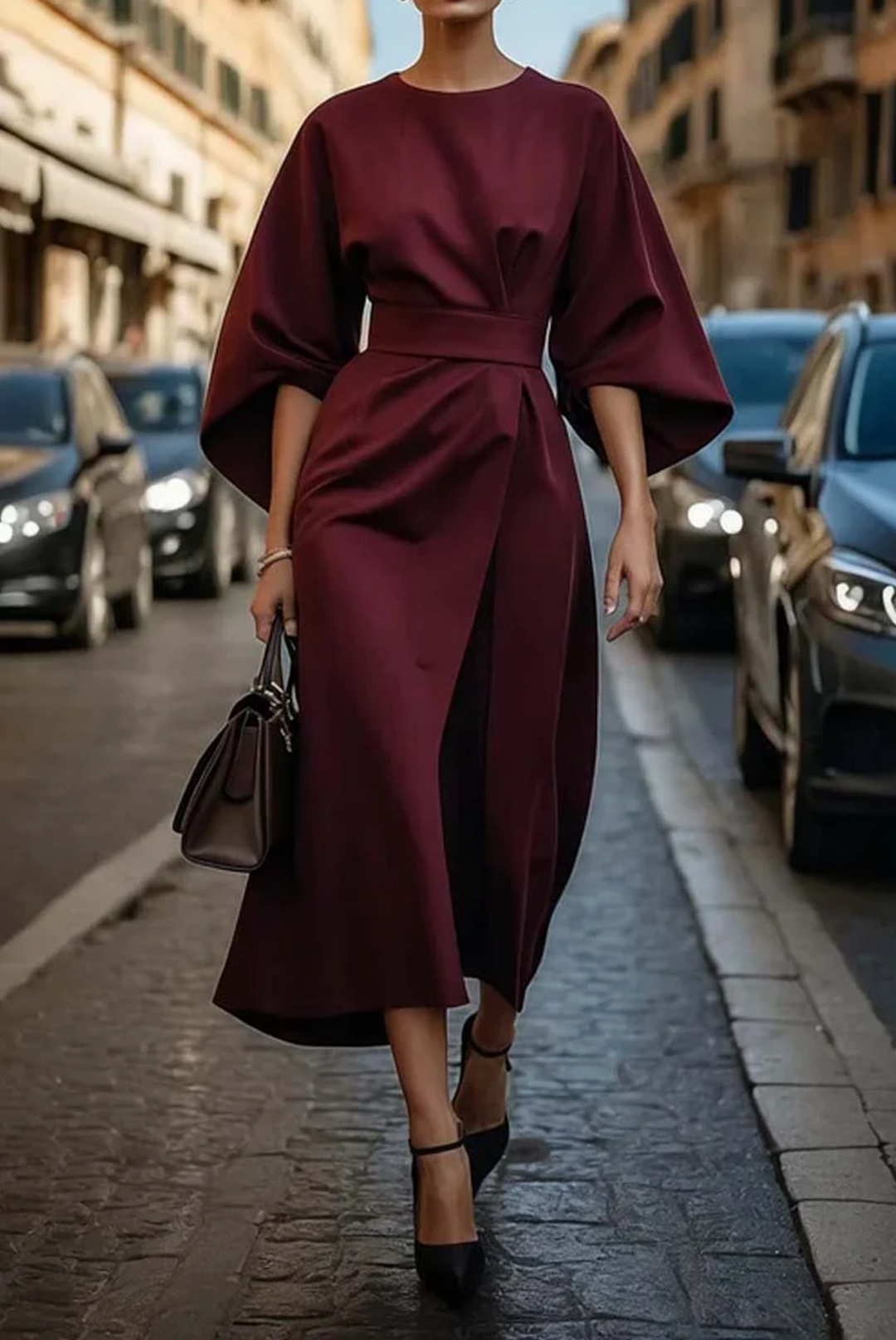 Sofia - Robe élégante à manches ballon et ceinture