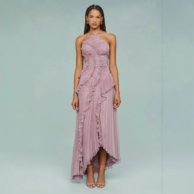 Robe longue de soirée élégante avec volants et col dos nu