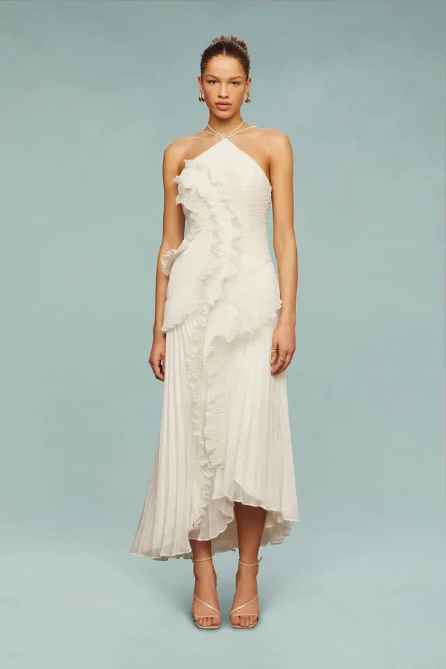 Robe longue de soirée élégante avec volants et col dos nu