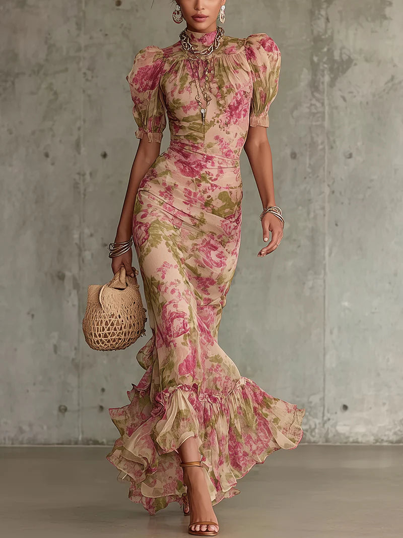 Amara | Robe longue vintage imprimée floral avec manches