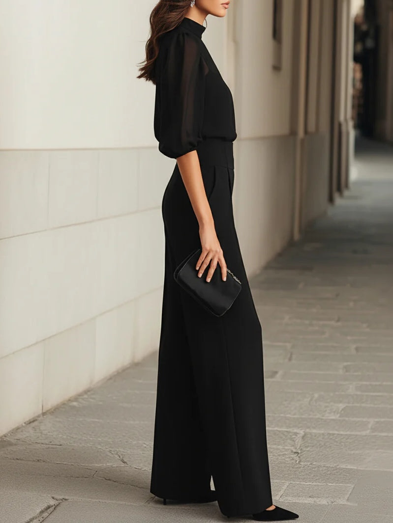 Valentina | Ensemble noir trois pièces avec top transparent et pantalon large