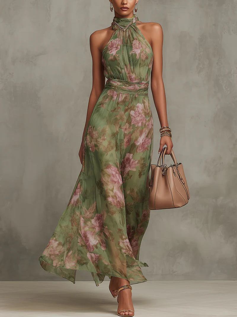 Bianca | Robe Longue Fleurie Col Halter Vert