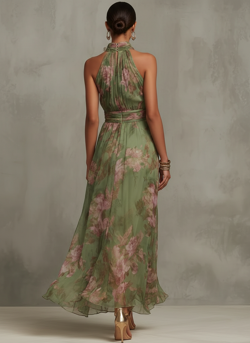 Bianca | Robe Longue Fleurie Col Halter Vert