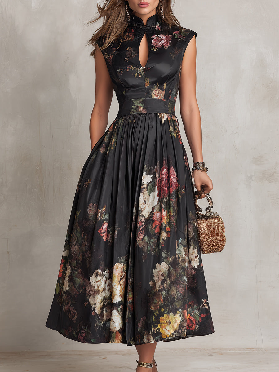 Dunora - Robe midi plissée florale en satin noir à col bénitier pour femme