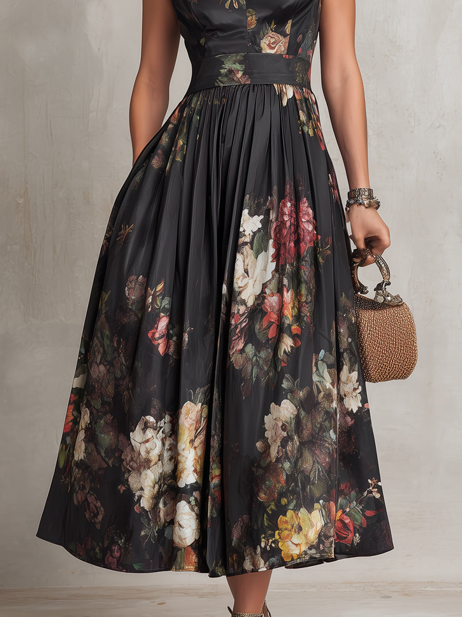 Dunora - Robe midi plissée florale en satin noir à col bénitier pour femme