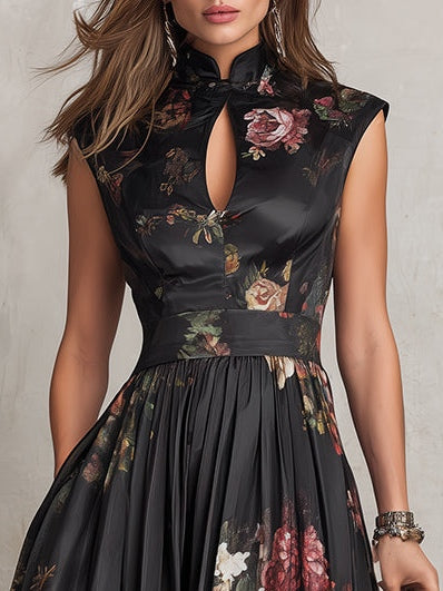 Dunora - Robe midi plissée florale en satin noir à col bénitier pour femme
