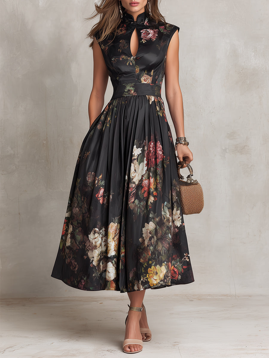 Dunora - Robe midi plissée florale en satin noir à col bénitier pour femme