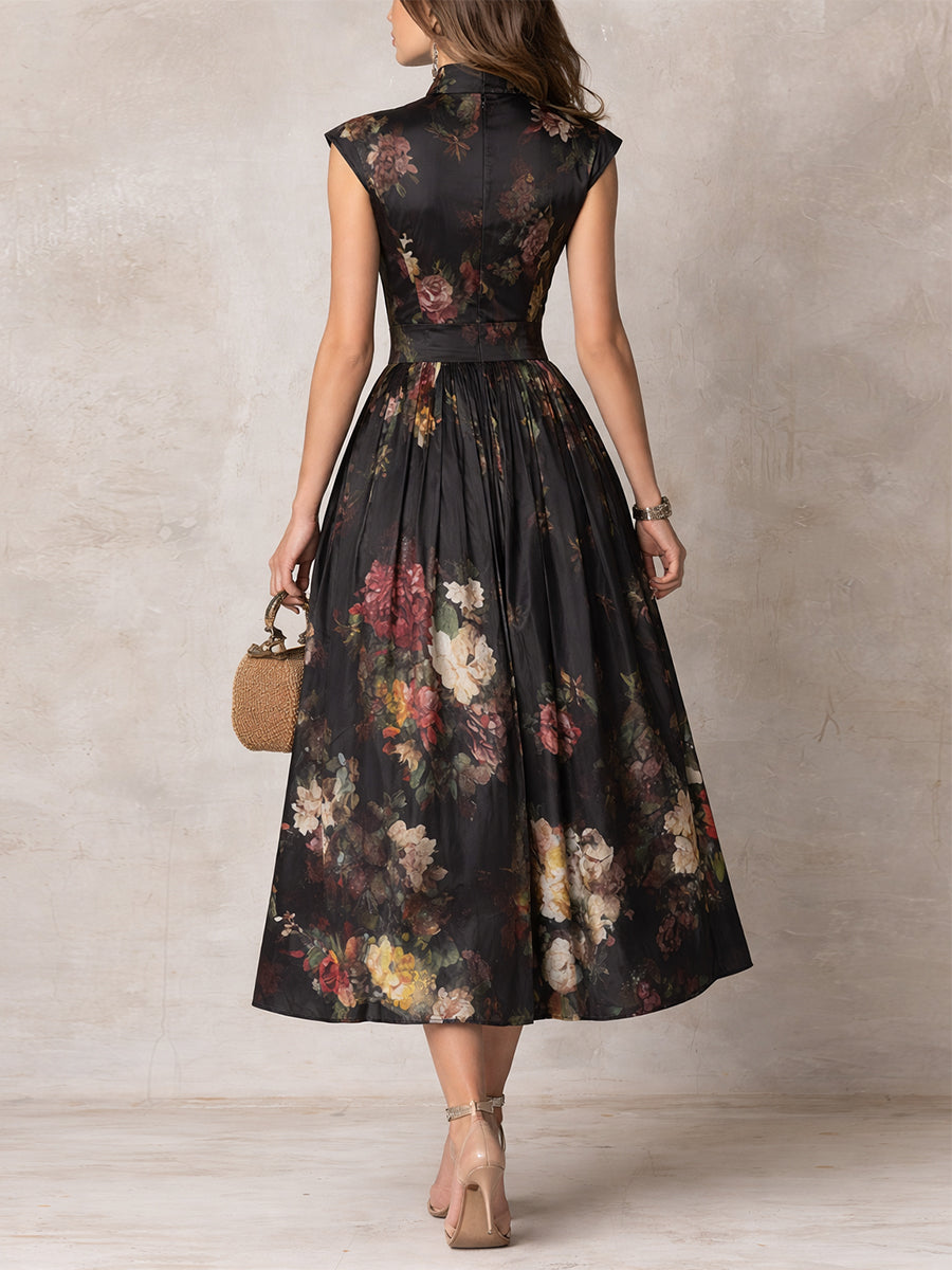 Dunora - Robe midi plissée florale en satin noir à col bénitier pour femme