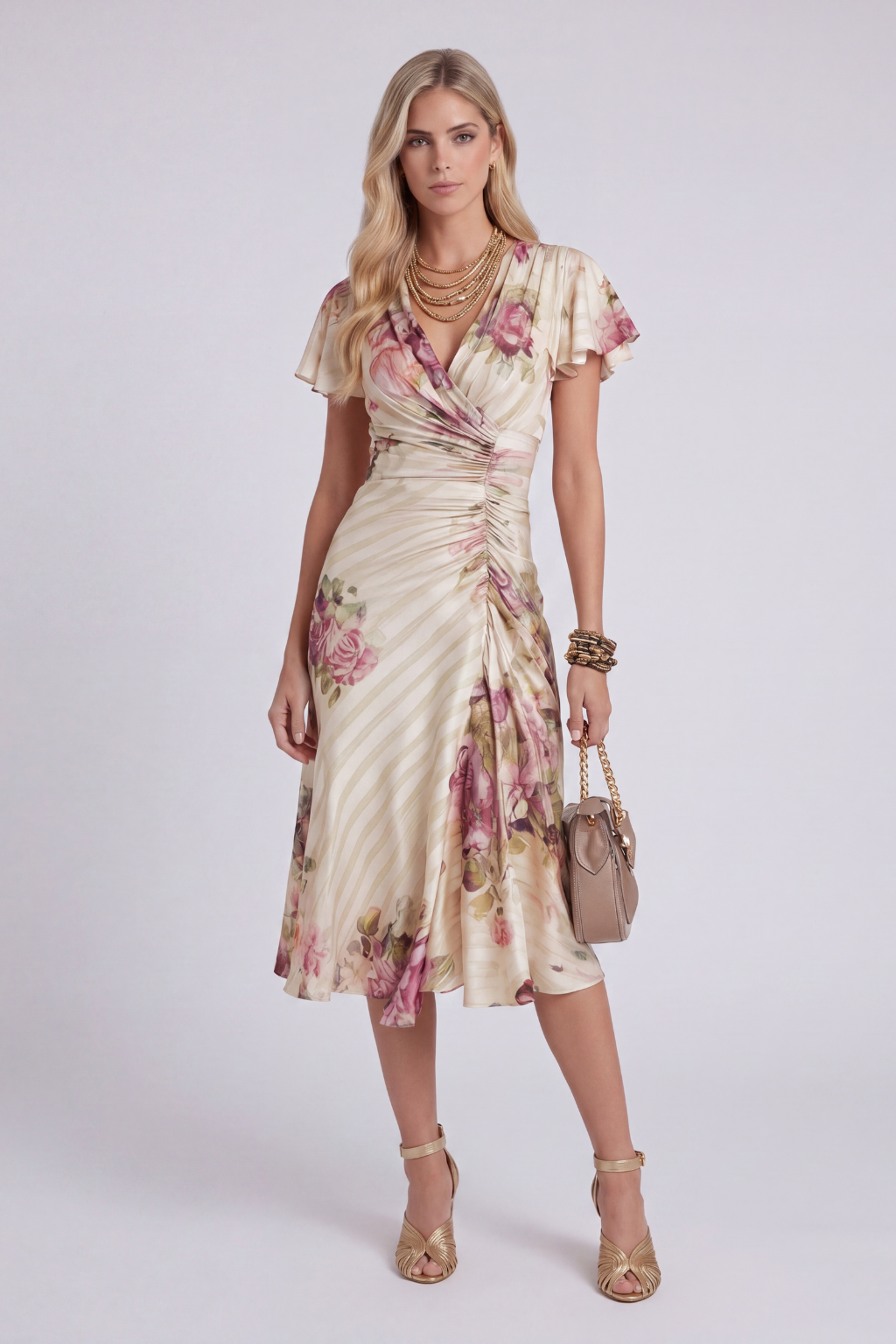 Irene | Robe Midi en Satin Floral Élégante Rétro