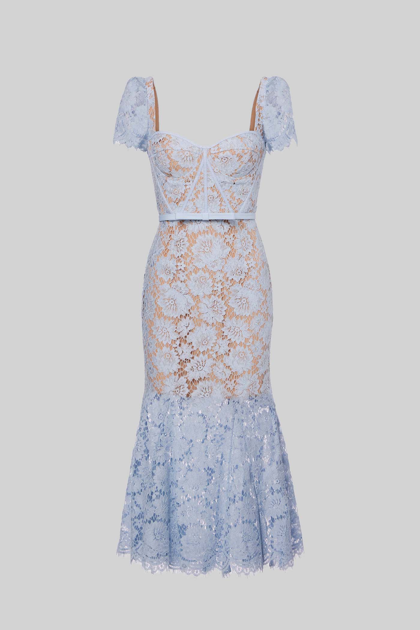 Paulina | Robe en Dentelle Bleue Élégante avec Manches Courtes et Ceinture Assortie